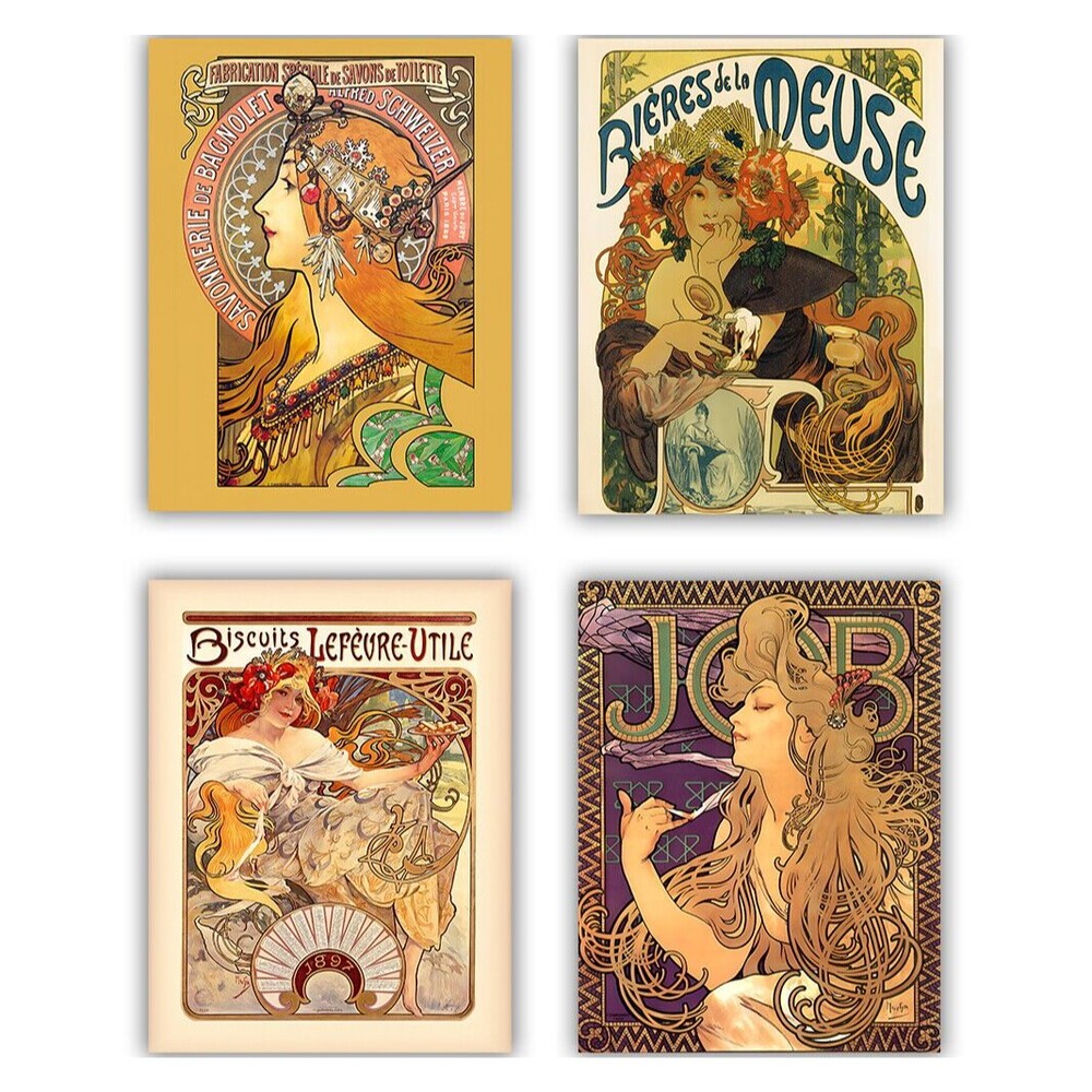 Alphonse Mucha Art Nouveau Poster Prints Set 4 Unframed Wall Art 8x10 | 8.5x11